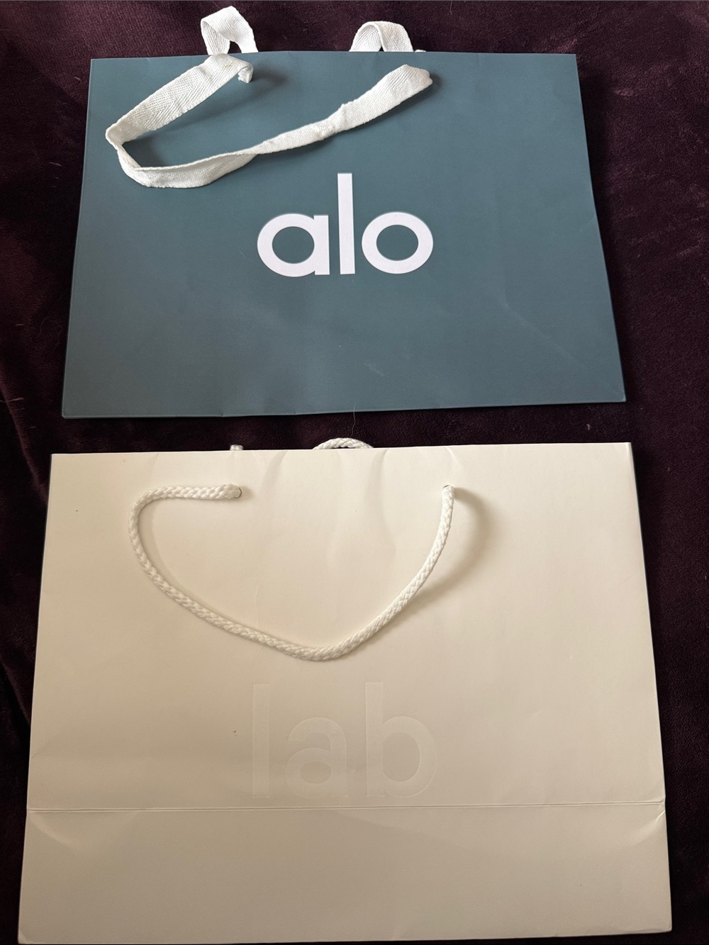 Alo Logo Paper Shopping Bag -Teal and Lululemon Lab paper shopping bag -white